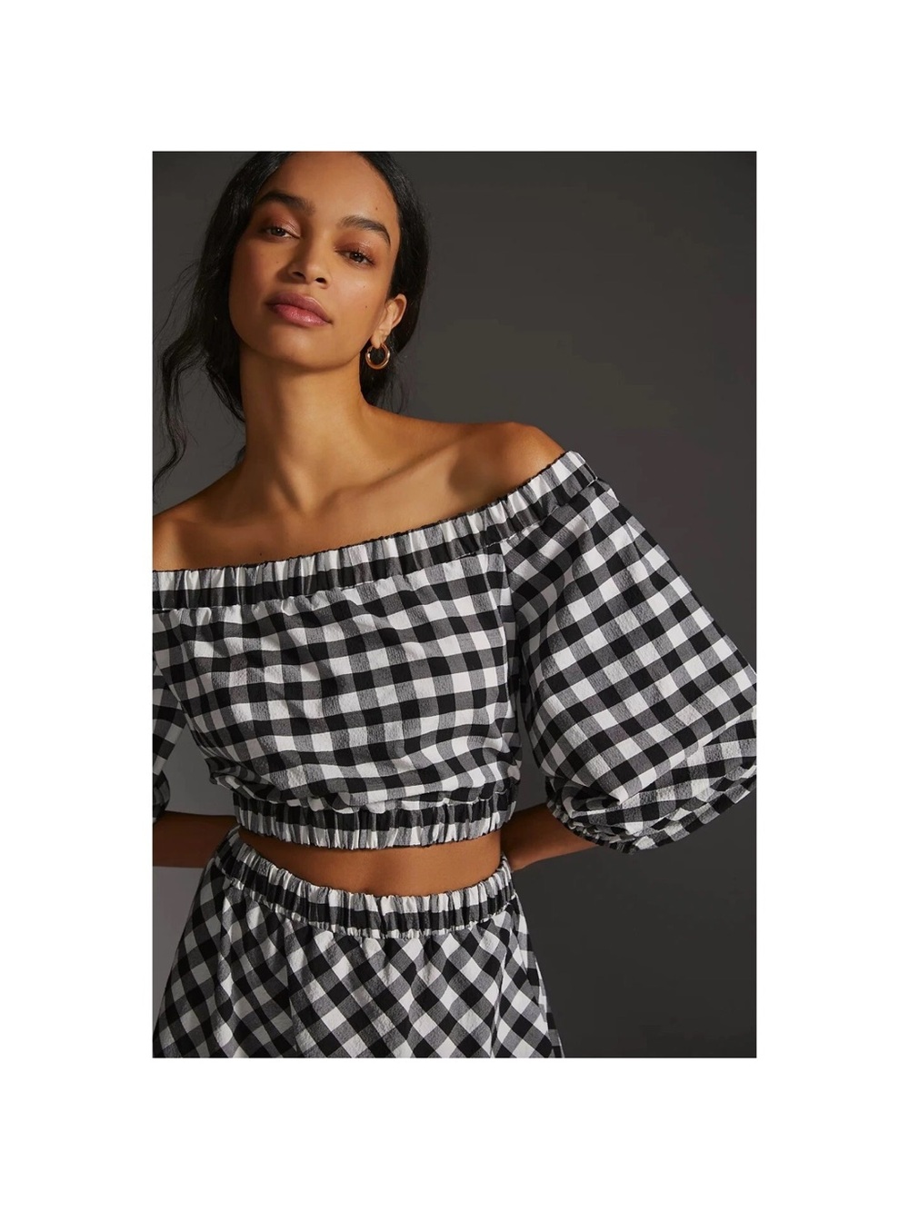 Anthropologie Black and White Gingham Off-Shoulder Crop Top Ptp 16